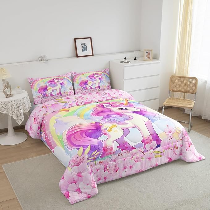 Cartoon Unicorn Kids Comforter Set King Size,Sakura Cherry Blossom Japanese Bedding Set,Girls Women Room Decor,Rainbow Unicorn Cute Down Comforter,Pink Purple Romantic Duvet Insert,2 Pillowcases