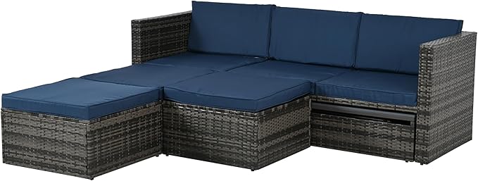 Modular Rattan Outdoor Sectional Furniture, Wicker Conversation Patio Sets with Plywood Coffee Table and Lounger Sofa for Backyard, Db-Navy Blue