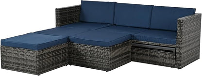 Modular Rattan Outdoor Sectional Furniture, Wicker Conversation Patio Sets with Plywood Coffee Table and Lounger Sofa for Backyard, Db-Navy Blue