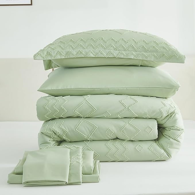 EMME Twin Comforter Set - 5 Pcs Sage Green Boho Bedding Sets, Tufted Comforter with Sheets, Shabby Chic Embroidery Twin Bed Set Fluffy Bed Bag for All Season(68"X90")