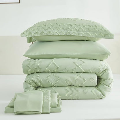 EMME Twin Comforter Set - 5 Pcs Sage Green Boho Bedding Sets, Tufted Comforter with Sheets, Shabby Chic Embroidery Twin Bed Set Fluffy Bed Bag for All Season(68"X90")