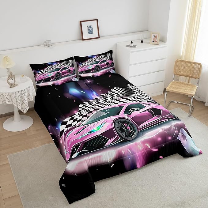 Pink Race Car Bedding Set Queen Size,Racing Flag Black White Lattice Duvet Cover with 2 Pillowcases,Extreme Sport Game Comforter Cover for Kids Youths Boys Girls Room Decor,Modern Quilt Cover