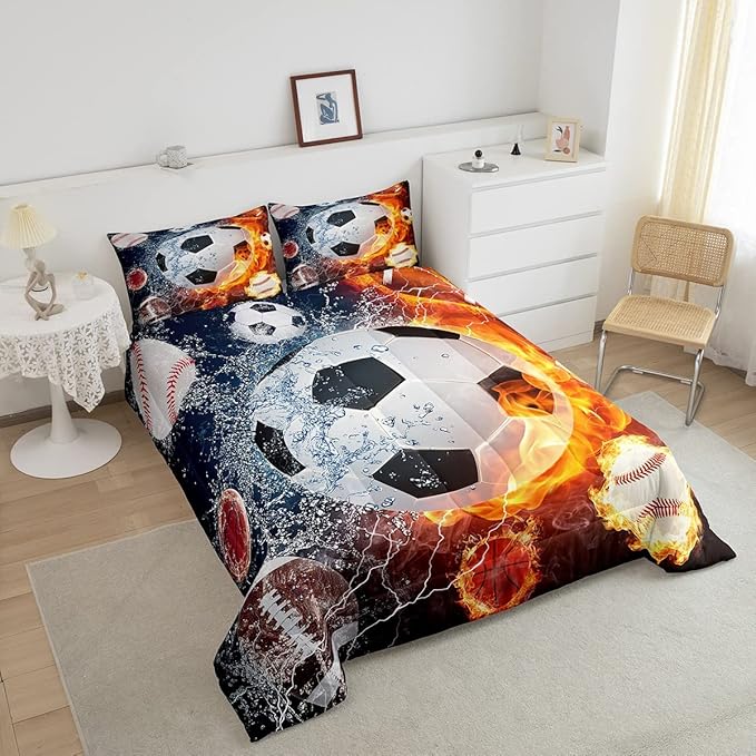 Erosebridal Boys Soccer Bedding Set Football Sports King Comforter Set for Kids Teen Youth Bedroom Decor Lightning Baseball Quilt Duvet Water Fire Basketball Comforter with 2 Pillow Cases Red Blue