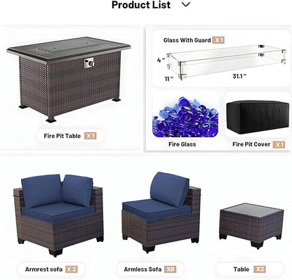 Kullavik 15PCS Outdoor Patio Furniture Set with 43" 55000BTU Gas Propane Fire Pit Table PE Wicker Rattan Sectional Sofa Patio Conversation Sets,Dark Blue