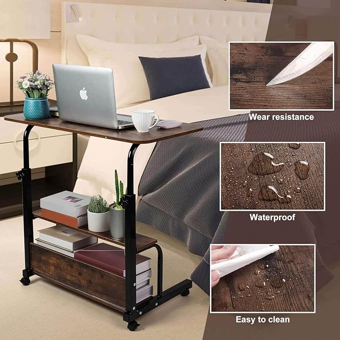 Adjustable Home Office Computer Desk Writing Desk with Storage Shelves Simple Style Workstation for Home Office Small Spaces Storage Table with Wheels Mobile Convenient Brownish, XY-1