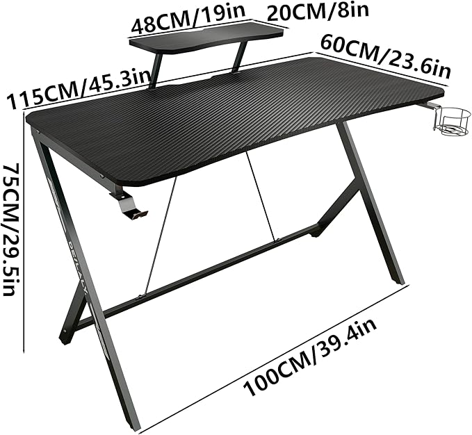 45IN Gaming Desk Gamer Table Carbon Fiber Surface Computer Table Gamer Desk with Monitor Shelf Office Home Study Desk Work PC Table Steel Legs Corner Desk Black