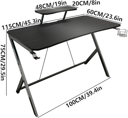 45IN Gaming Desk Gamer Table Carbon Fiber Surface Computer Table Gamer Desk with Monitor Shelf Office Home Study Desk Work PC Table Steel Legs Corner Desk Black
