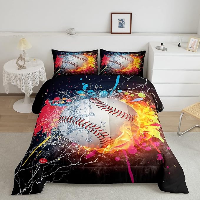 Baseball Queen Comforter Set For Boys,Tie Dye Baseball Sports Bedding Set Red Blue Fire Water Lightning Duvet Insert For All Season,Sports Baseball Quilt Soft Lightweight Bedroom Decor 2 Pillow Cases