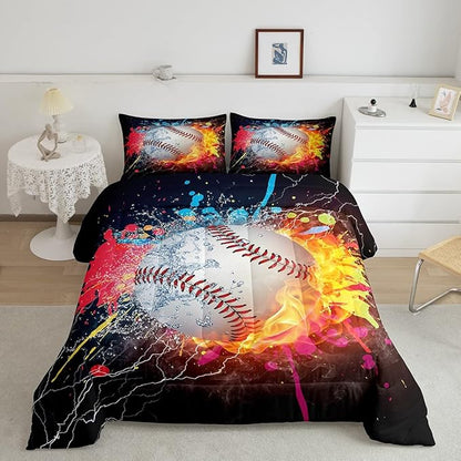 Baseball Queen Comforter Set For Boys,Tie Dye Baseball Sports Bedding Set Red Blue Fire Water Lightning Duvet Insert For All Season,Sports Baseball Quilt Soft Lightweight Bedroom Decor 2 Pillow Cases