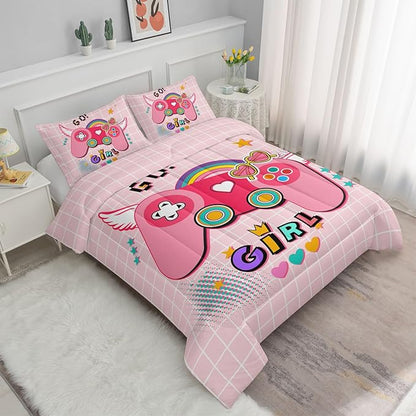 Datura home Bedding Comforter Set Pink Gamepad Printed Pattern Quilt with 1 and 2 Pillowcases for Girls Bedroom All Season(Pink Queen) Queen 90x90inches
