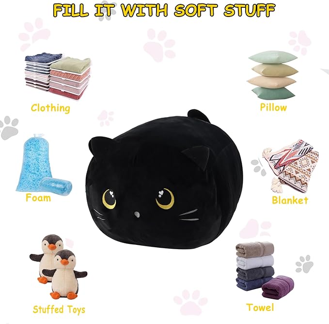 Stuffed Animal Storage Bean Bag Chair Cover for kids Cute Black Cat Large Beanbag Plush Toy Bedroom Décor Organizer Cover, No Beans