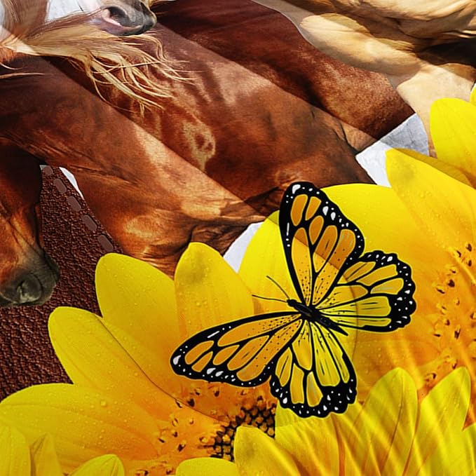 Kid Galloping Horse Comforter Sunflower Butterfly Cowhide Horse Bedding Set for Boys Girls Adult, 1 Comforter + 2 Pillowcases
