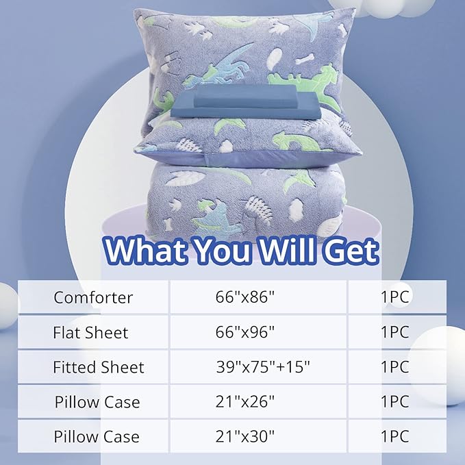HOMBYS Glow in The Dark Comforter Set 5 Piece Twin/Twin XL with Sheets, Blue Dinosaur Velvet Bedding Comforter Sets for Twin Bed, Ultra Soft Down Alternative Comforter for Boys Kids, Bed in a Bag