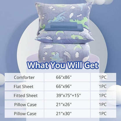 HOMBYS Glow in The Dark Comforter Set 5 Piece Twin/Twin XL with Sheets, Blue Dinosaur Velvet Bedding Comforter Sets for Twin Bed, Ultra Soft Down Alternative Comforter for Boys Kids, Bed in a Bag