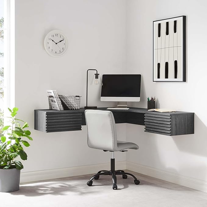 Modway Render 60" Mid-Century Modern Wall-Mount Corner Office Desk in Charcoal
