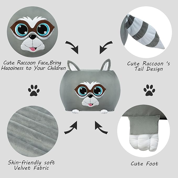 Cute Raccoon Toy Organizers and Storage for Kids Room Decor, Childrens Bean Bag Chairs, Extra Large Size, Velvet Super Soft Cover Only