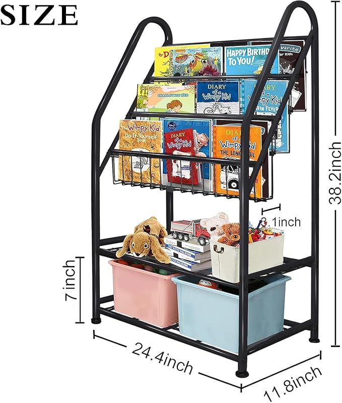 aboxoo Metal Kids Bookshelf Black Toy Chests & Organizers Large Freestanding for Children Toy Chests & OrganizersRoom 25 in Toy Organizer Large Stable Bookcase Bookstore Library Bed Living Room