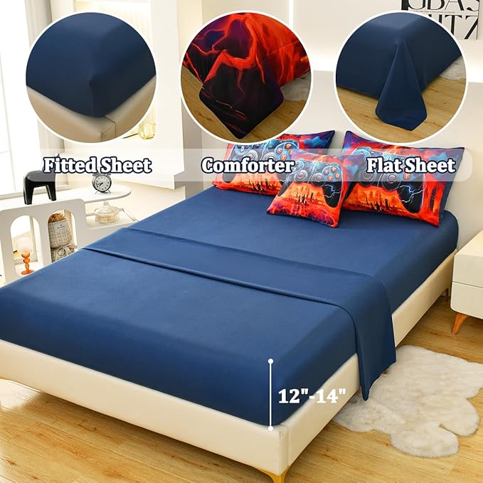 Game Console Twin Comforter Set with Sheets, Microfiber 6 Pcs Bed in A Bag Twin Size Gamer Bedding Set for Boys Kids Teens