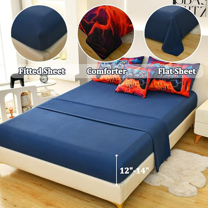 Game Console Full Comforter Set with Sheets, Microfiber 6 Pcs Bed in A Bag Full Size Gamer Bedding Set for Boys Kids Teens