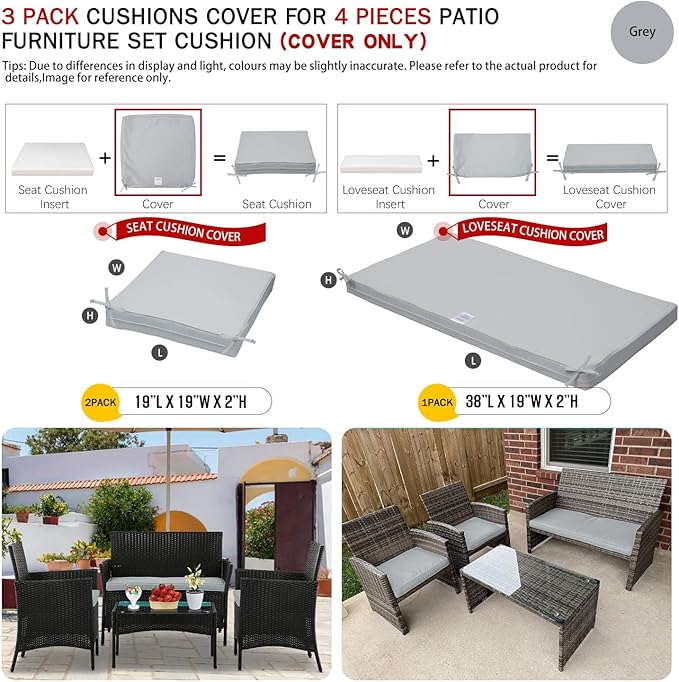 ClawsCover 3Pack Outdoor Seat Cushions Replacement Covers Fit for 4 Pieces Wicker Rattan Furniture Patio Conversation Set Loveseat Chair,38x19x2,19x19x2,Gray-Large (Include Cover Only)