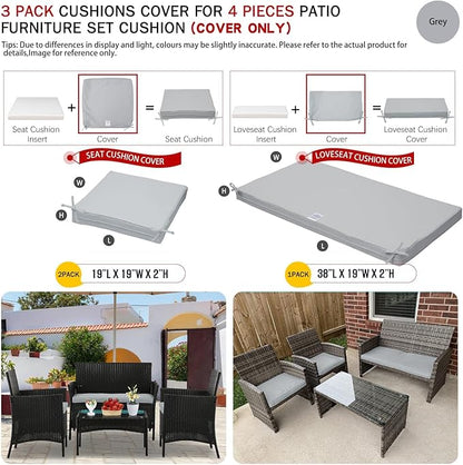 ClawsCover 3Pack Outdoor Seat Cushions Replacement Covers Fit for 4 Pieces Wicker Rattan Furniture Patio Conversation Set Loveseat Chair,38x19x2,19x19x2,Gray-Large (Include Cover Only)