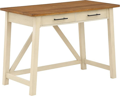 OSP Home Furnishings Milford Rustic 42 Inch Writing Desk with 2 Drawers and Burnished Decorative Hardware, Antique White