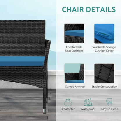 Patio Furniture, 4 Piece Conversation Set, Outdoor Wicker Rattan Table and Chairs, Sectional Sofa with Thick Cushion for Garden, Yard, or Porch, Black