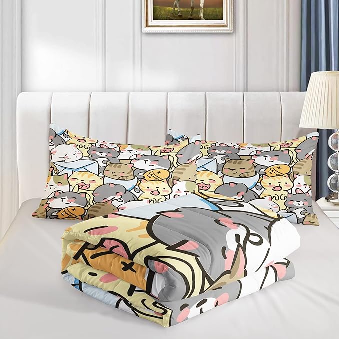 Kawaii Cat Comforter Full Size,Cute Cat Comforter Set for Kids Teens Girls,3Pcs Bedding Set Printed Comforter with 2 Pillowcases,Down Alternative,Soft and Lightweight，Full Size