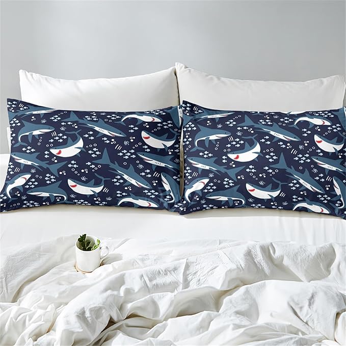 Shark Bedding Set for Boys Bedroom - 3Pcs Full Size Cartoon Sharks Comforter Set for Boys Kids Drak Blue Sea Animal Theme Bedding Set for Kids Room Decor Sharks Pattern Comforter with 2 Pillowcases