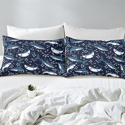 Shark Bedding Set for Boys Bedroom - 3Pcs Full Size Cartoon Sharks Comforter Set for Boys Kids Drak Blue Sea Animal Theme Bedding Set for Kids Room Decor Sharks Pattern Comforter with 2 Pillowcases