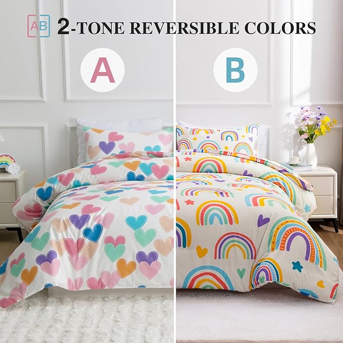 Btargot 3 Piece Kids Rainbow Comforter Set with 2 Pillow Covers, Cartoon Love Hearts Suns and Stars Bedding Set for Girls Boys Kids, Queen Beige