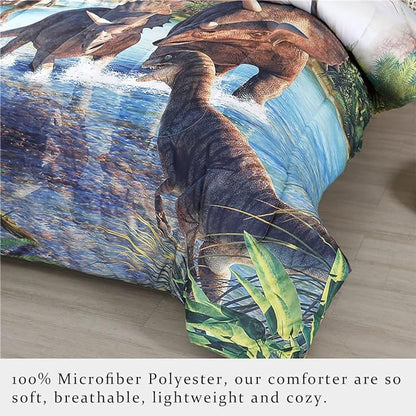 WINLIFE Dinosaur Comforter Set Queen Kids Dinosaur Bedding Set Jurassic Jungle Dino Comforter Sets for Boys Teens, Lightweight Easy Care Bed Linen Set (3 Pieces, Queen)