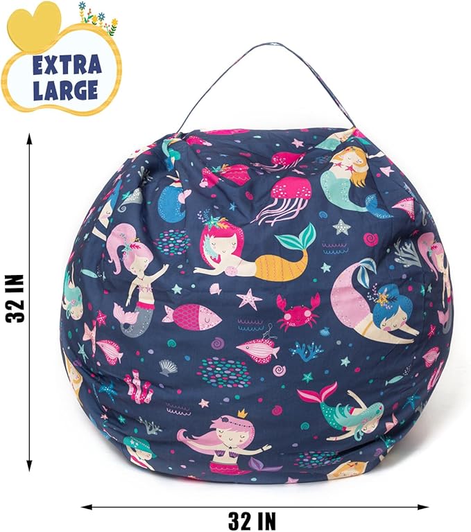 Stuffed Animal Storage Bean Bag Chair Cover, Hold Kids Plush Toys Blankets Towels Beanbag (Cover Only), Canvas Floor Circle Stuff Sit Seat Sofa with YKK Zipper, Large 32",