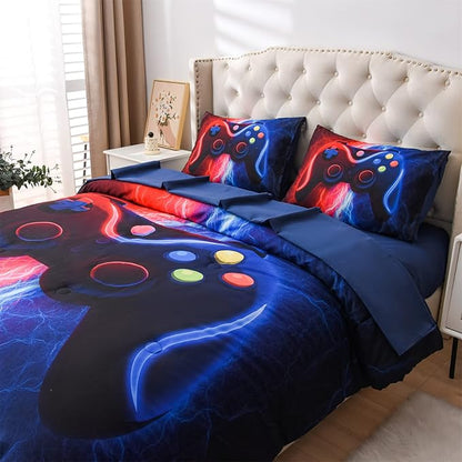 Meeting Story Gamer Gaming Bedding Sets Red Blue Lightnings Gamepad Comforter Set for Boys Games Console Action Buttons Novelty Colorful Modern Room Decor Home Quilt Set (Red-Blue, Full 5Pcs)