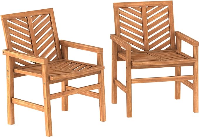 Walker Edison 2 Piece Outdoor Patio Chevron Wood Chair Set All Weather Backyard Conversation Garden Poolside Balcony, Set of 2, Brown