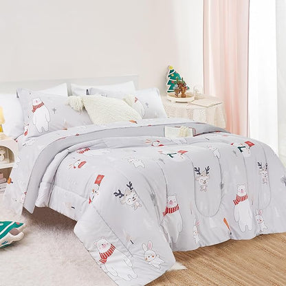 Kids Christmas Comforter Set Twin for Boys Girls, Cute Reversible Quilted Bear Snowmen Reindeer Bunny Printed Bedding Set with Pillow Sham, Lightweight Soft Breathable Washable Bed Set 2 Piece