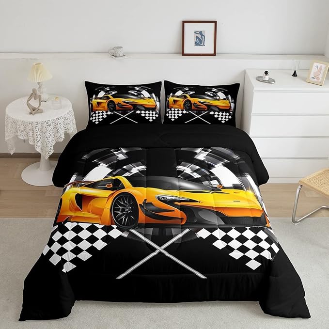 Yellow Race Car Comforter Set King Size, Black and White Grid Quilt Set Extreme Sport Games Bedding Comforters 3pcs for Kids Teens Boys Girls Room Decor,Modern Stylish Duvet Set with 2 Pillowcases
