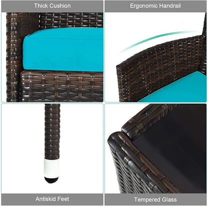 LUARANE 4-Piece Rattan Patio Furniture Set, Outdoor Wicker Sofa Couch Table Set, w/Thick Seat Cushions Tempered Glass Coffee Table, Conversation Set for Lawn Garden Poolside Backyard (Turquoise)