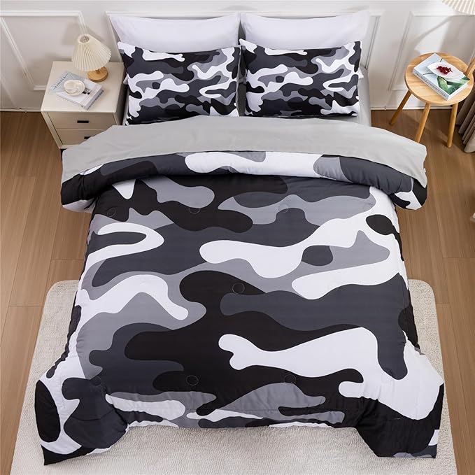 Meeting Story Camouflage Bedding Set, Colorful Pattern Style Comforter Set, 5 PCS One Comforter Two Pillowcases Two Sheets in One Bag, All Season Bedspread for Teens Adults (Grey,Queen5pcs