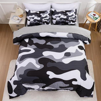 Meeting Story Camouflage Bedding Set, Colorful Pattern Style Comforter Set, 5 PCS One Comforter Two Pillowcases Two Sheets in One Bag, All Season Bedspread for Teens Adults (Grey,Queen5pcs