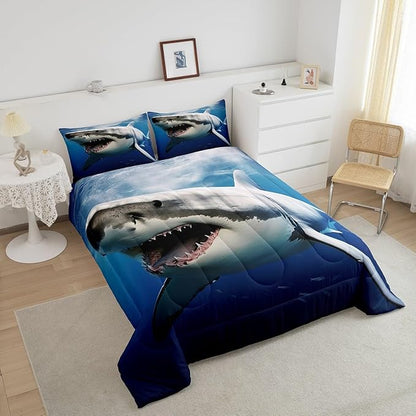 Kids Comforter Set for Boys Girls,3D Shark Fish Down Comforter 3 Piece Hawaiian Beach Theme Bedding Quilted Duvet Set Ocean Sea Animal Pattern Blue Duvet Insert for Toddler Teen Bedroom Decor,Full