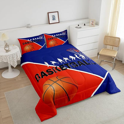 Erosebridal Basketball King Bedding Sets for Boys Girls Basketball Player Comforter Set Sports Bedding Comforter Sets for Kids Teen Orange Blue Geometric Quilt Duvet 2 Pillow Cases Bedroom Dorm Decor