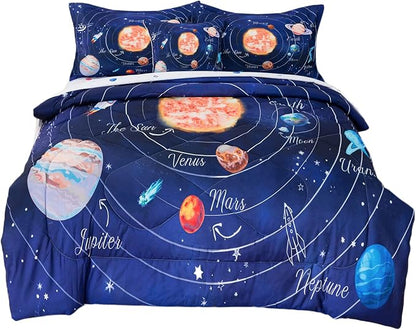 ADASMILE A & S Solar System Comforter Set Twin Outer Space Comforter for Kids 6 Pcs Bed in A Bag Twin Comforter Set for Boys Space Bed Set Galaxy Comforter with Star Moon Sheets for Kids Home Decor