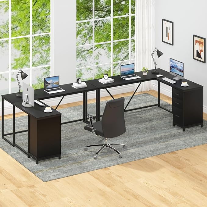HSH Large Black L Shaped Desk, Corner Wood Computer Desk with Drawer, Modern Work Home Office Desk with Storage Cabinet, Industrial Executive PC Study Writing Desk for Living Bedroom, Black, 59 Inch