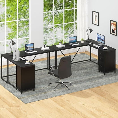 HSH Large Black L Shaped Desk, Corner Wood Computer Desk with Drawer, Modern Work Home Office Desk with Storage Cabinet, Industrial Executive PC Study Writing Desk for Living Bedroom, Black, 59 Inch