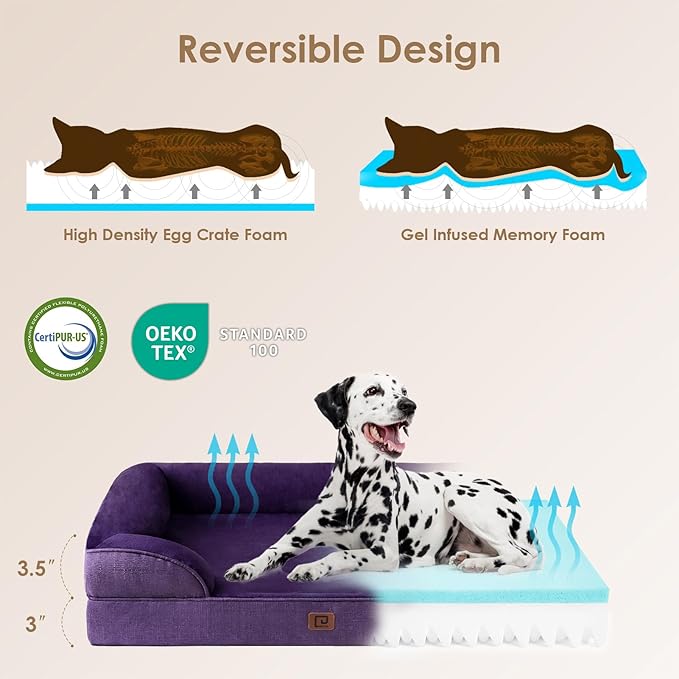 EHEYCIGA Orthopedic Dog Bed for Medium Dogs, Waterproof Memory Foam Medium Dog Beds with Sides, Non-Slip Bottom and Egg-Crate Foam Medium Dog Couch Bed with Washable Removable Cover, Purple