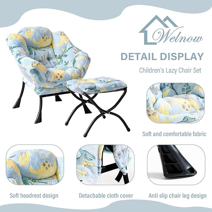Welnow Toddler Kids Lazy Chair with Ottoman, Glow in The Dark Accent Comfy Lounge Children Armchair Couch with Removable Cover, Detachable Reading Chair with Footrest for Boy or Girl