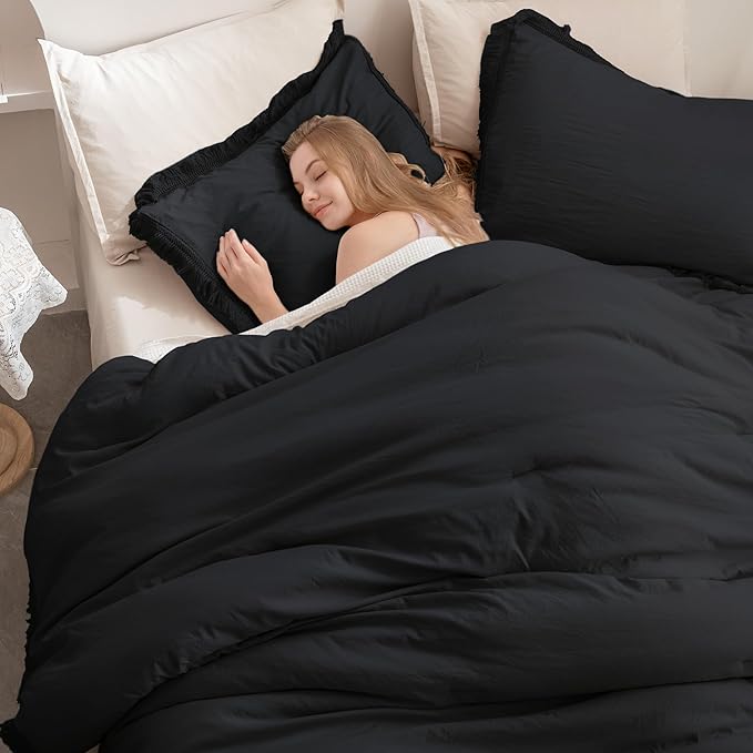 Andency Black Comforter Set Queen, 3 Pieces Boho Tassel Lightweight Bedding Comforter Sets, All Season Soft Fluffy Fringe Bed Set (90x90In Comforter & 2 Pillowcases)