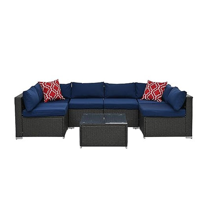 7 Piece Patio, Outdoor Furniture Sectional Sofa Rattan Wicker Conversation Set with Coffee Table and Water-resistant Cushion for Backyard Porch Balcony, B-Dark Gray d