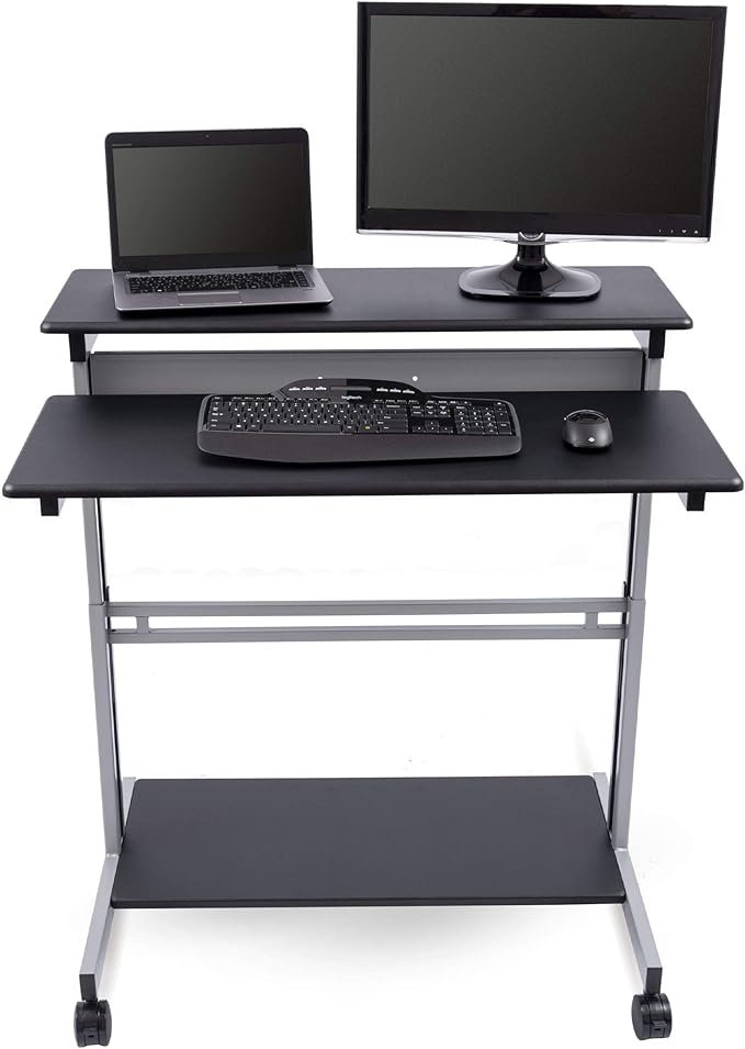 Stand Up Desk Store Rolling Adjustable Height Two Tier Standing Desk Computer Workstation (Silver Frame/Black Top, 40" Wide)